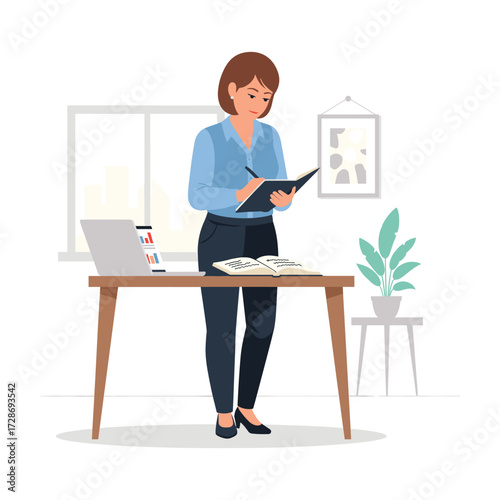 High-Quality Flat Vector: Businesswoman Taking Notes at Desk, Modern Office