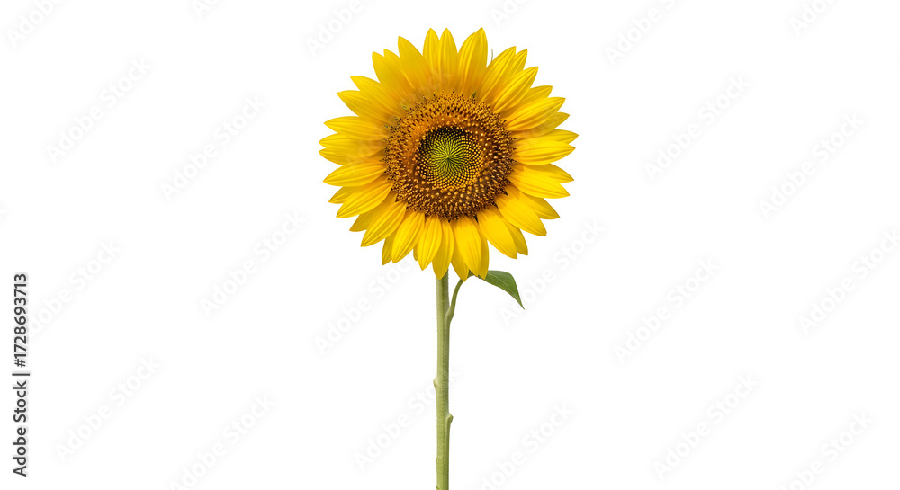 Fototapeta premium A single vibrant sunflower with a long green stem against a plain white background, showcasing its bright yellow petals and dark center