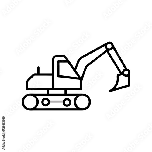 Excavator machine with hydraulic arm on tracks in simple line art  