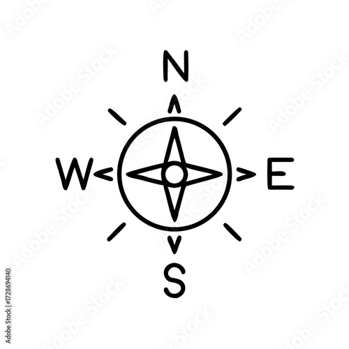 Compass icon with cardinal directions in black outline style  