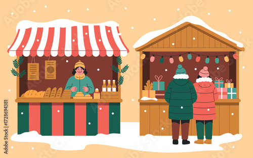 Festive winter market scene with people browsing holiday stalls under snowfall.