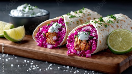 Close Up of Two Shawarma Wraps with Red Cabbage and Limes on Wooden Board Featuring Meat and Creamy Sauce Garnished with Parsley
