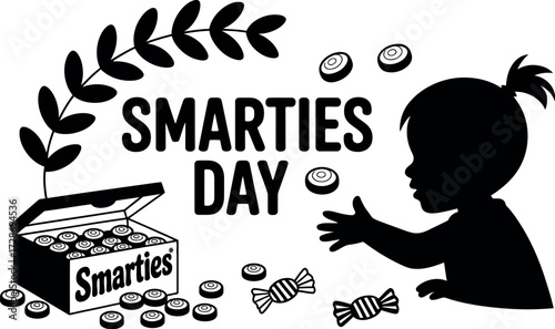 Child's silhouette reaching for candies from an open box, celebrating a sweet day.
