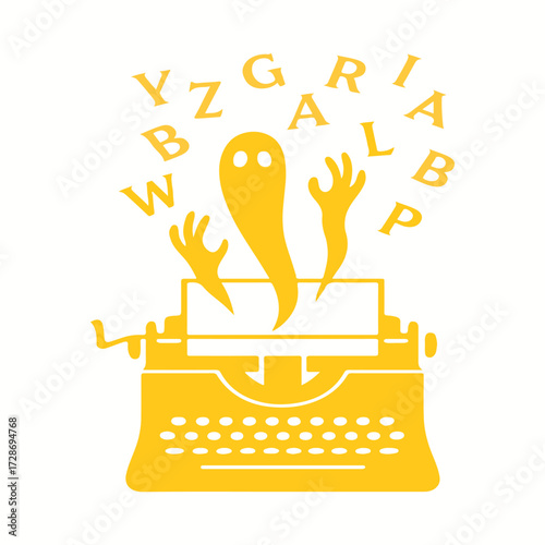 Vector Art Halloween 2025  Flying letters and ghostly hands emerging from an old typewriter silhouette