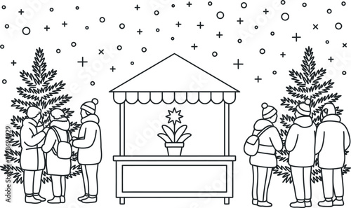Winter market scene with people browsing festive stalls under falling snow.
