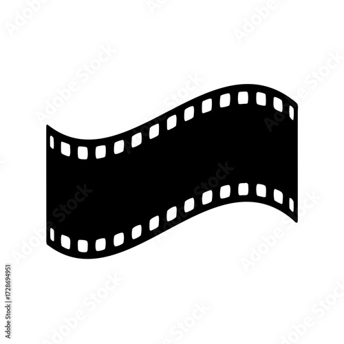 A slightly curved strip of black celluloid film on a white background