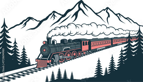 Vintage steam train travels through a majestic mountain landscape with pine trees.