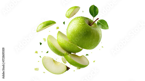 Wallpaper Mural Fresh green apples and apple halves falling and floating against a white background Torontodigital.ca