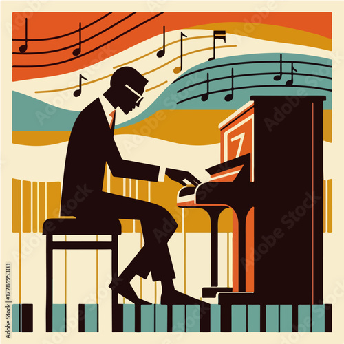 Silhouette Pianist under Staff Lines — Minimal Jazz Club Poster (Vector)