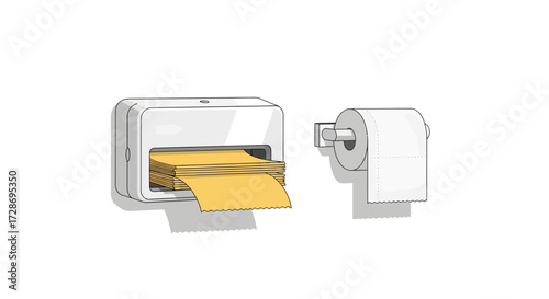 Minimalist illustration of a wall-mounted dispenser with yellow sheets next to a standard toilet paper roll.