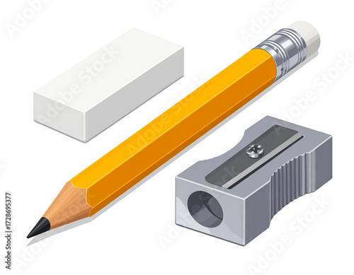 Yellow Pencil, Eraser, and Sharpener Minimalist Vector 