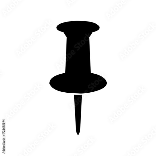 Silhouette of a black push pin or thumbtack on a white background