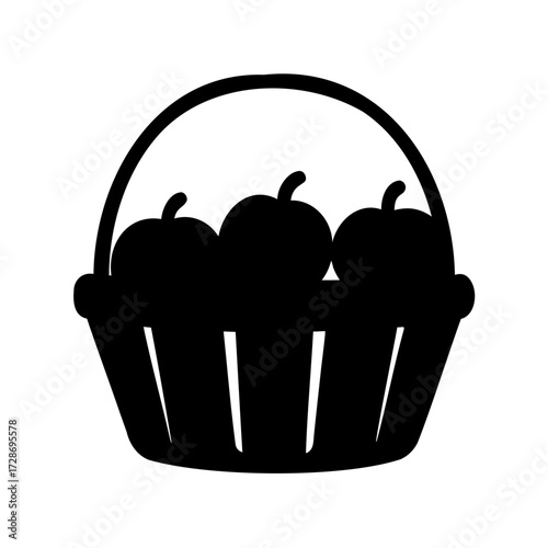 Stylized black silhouette of a basket containing three apples, on white