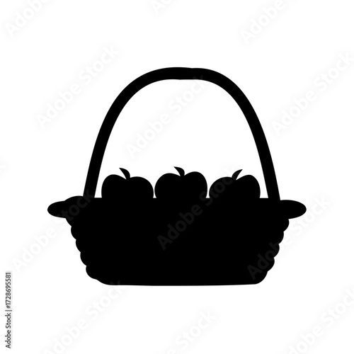A silhouette of a basket filled with three apples on white background