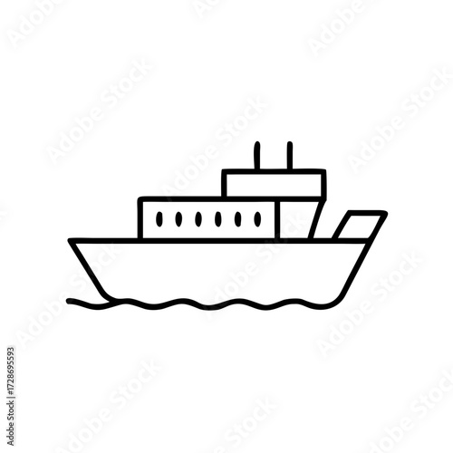 Line drawing of a cargo ship sailing on waves  