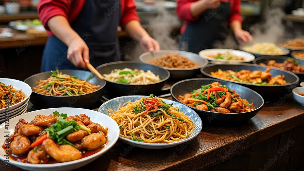 Obraz premium Plates and bowls filled with Asian cuisine featuring noodles, chicken stir fry, and colorful vegetables
