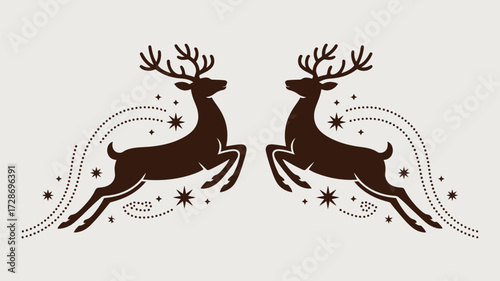 Two brown reindeer jumping with stars and dotted lines on a light background christmas holiday design