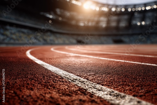 Fototapeta Naklejka Na Ścianę i Meble -  Close-up view of a red running track with white lane markings in a stadium under bright lights, concept for sporting events, athletic competitions and physical training