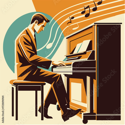 Jazz Pianist at Grand Piano — Music Notes & Minimal Lounge Poster (Vector)