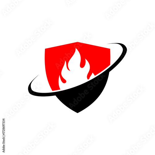 A modern logo featuring a red and black shield with a flame icon, encircled by a dynamic black swoosh.