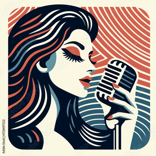 Pop Icon Singer Holding Mic — Glamorous Portrait with Graphic Swirls (Vector)