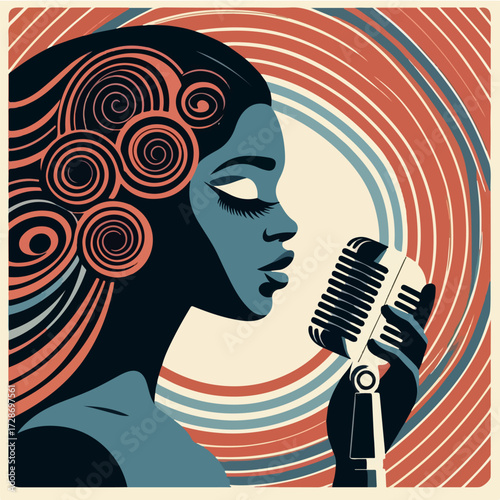 Black Woman Jazz Singer — Vintage Mic, Abstract Spiral Waves, Mid-Century Style (Vector)