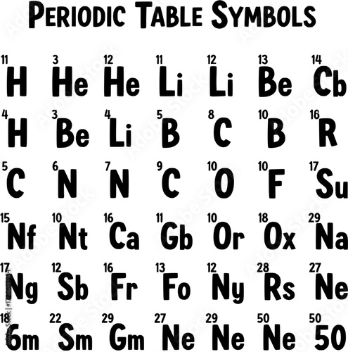 Playful Black and White Periodic Table Symbols Grid with Fictional Elements and Numbers - Science and Education Concept