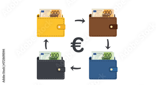 Illustration depicting the exchange of money between different wallets, representing financial transactions.