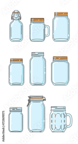 A collection of various clear glass jars and containers with different lid types for storage and preservation purposes.