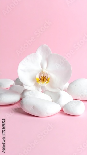 White orchid on white stones against a pink background
