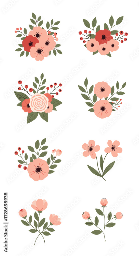 Obraz premium Collection of delicate floral arrangements with soft peach and coral blossoms and green leaves.