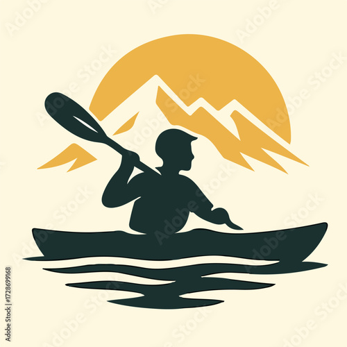 Kayaker at Sunrise with Mountain Silhouette — Adventure Water Sports Badge (Vector)