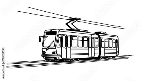Tram vehicle illustration in urban setting for public transportation