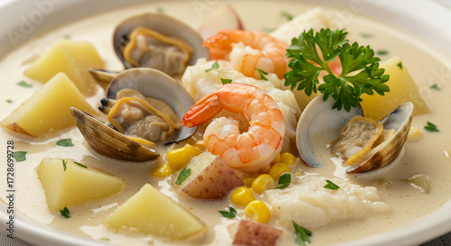Fototapeta Seafood chowder soup, macro close-up
