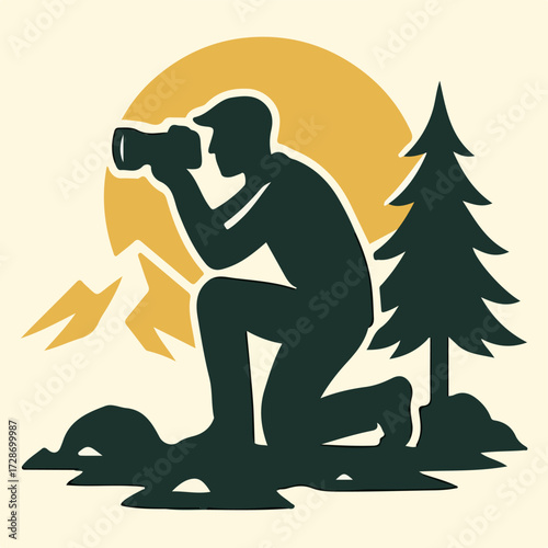 Travel Photographer Kneeling — Nature Landscape Photography Vector