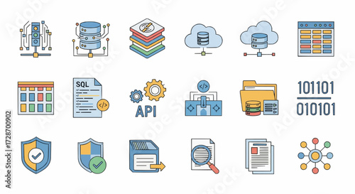 Set of icons representing data management, cloud storage, database operations, security, and programming concepts