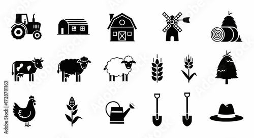 Farm icons including tractor, barn, windmill, cow, sheep, chicken, watering can, shovel, hat, and hay bale
