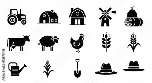 Simple black silhouette icons for agriculture and farming themes, featuring livestock, crops, buildings, and tools as a vector set