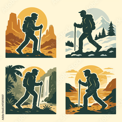 Hiking Scene Set — Four Outdoor Trekking Variations, Desert to Jungle (Vector)