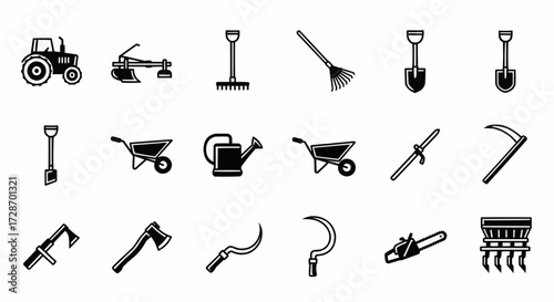 Comprehensive collection of essential agricultural and gardening tools, farm machinery, and handheld equipment icons for farming, horticulture, and land cultivation projects