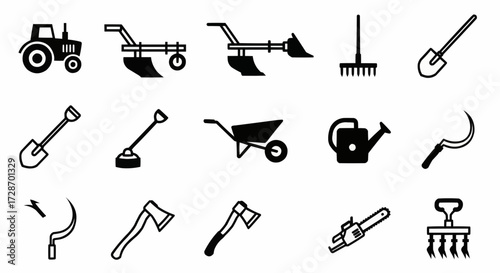 A set of black silhouette icons representing essential farming, gardening, and agricultural equipment for manual labor and fieldwork