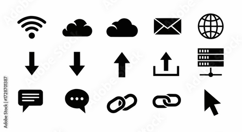 A versatile set of universal internet and technology icons, including cloud, server, email, and connection symbols for modern digital concepts