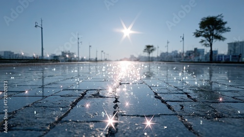 Close Up of Wet Asphalt Pavers with Sun Reflections and Cityscape on a Clear Day