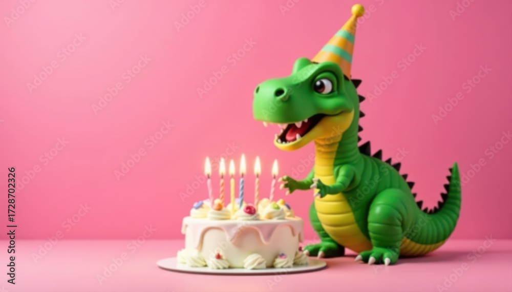 Naklejka premium Smiling green dino in party hat, holding birthday cake with lit candles Pastel pink background , card, clipart, cute