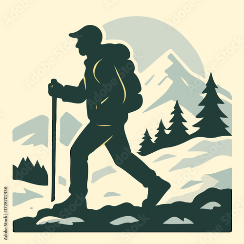 Alpine Hiking in Snowy Mountains — Winter Trekker with Poles (Vector)