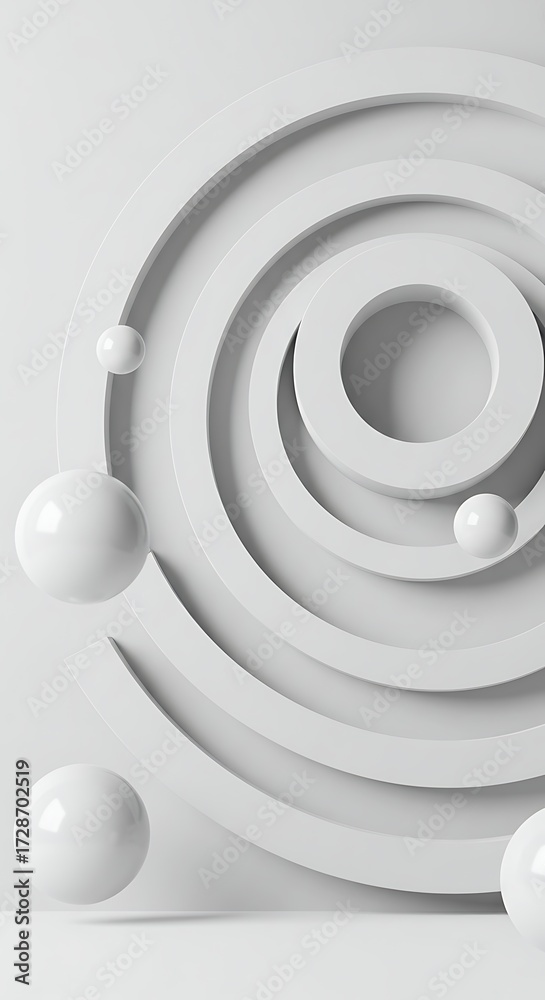 Obraz premium Abstract circular design with floating spheres creates a clean, modern, and sophisticated visual for technology or science concepts.