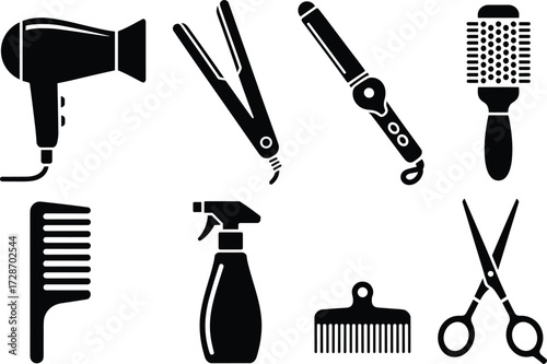 Collection of Essential Hair Styling Tools Including Hair Dryer, Straightener, Curling Iron, Comb, Scissors, and More