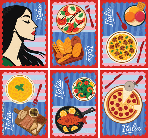 A colorful retro-style poster collection featuring iconic Italian culture and cuisine perfect for restaurant decor, kitchen prints, or travel-themed artwork.
