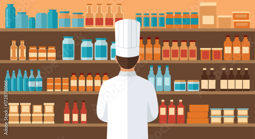 Chef in a white uniform standing with his back to the viewer, looking at a well-stocked pantry or grocery store shelves filled with various food and drink products.