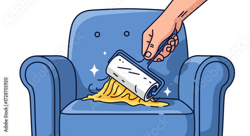 Hand using lint roller to clean yellow pet hair from blue armchair.